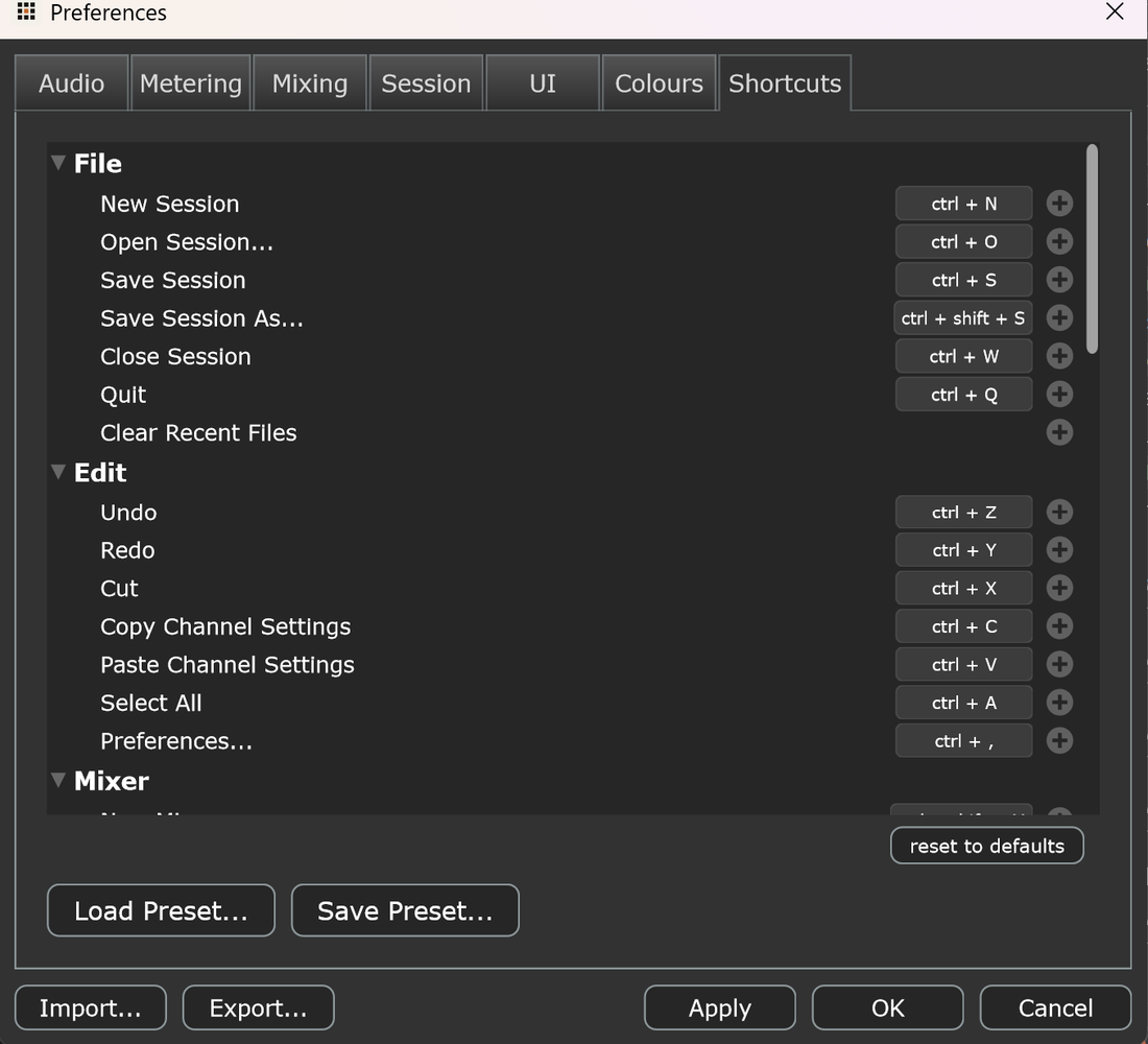 Shortcuts preferences