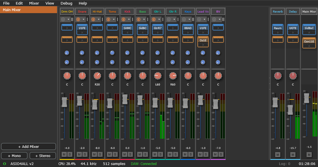 The Veska Console in mixer view — colour-coded channels with insert chains, aux sends, faders and live meters, plus the main bus.